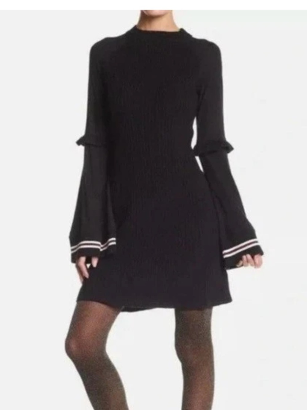 Free People Black Zou Bisou Ribbed Knit Bell Sleeve Sweater Dress Size Small - Picture 1 of 10